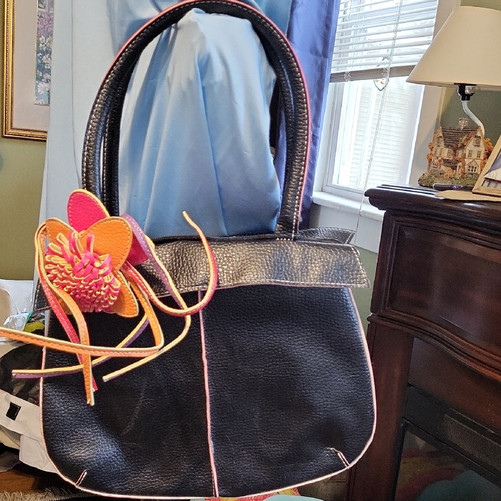 Elegant Black and Pink Tote Bag with Floral Accent by MELLOW WORLD.